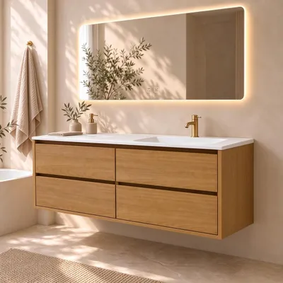 Image de Ensemble de meubles de salle de bain suspendus, design moderne : meuble vasque avec lavabo en matériau composite, meuble sous vasque avec tiroirs, miroir pour salle de bain, dimensions 120 x 55 cm [RW192-120 K]