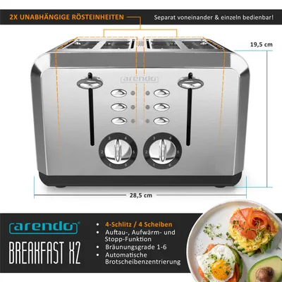 Produktbild von Arendo Toaster, 4 kurze Schlitze, für 4 Scheiben, 1630 W, Automatik, Edelstahl, Wärmeisolierendes Doppelwandgehäuse, silber
