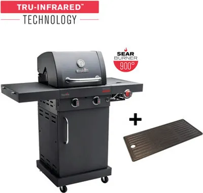 Image de Barbecue à gaz Char-Broil Professional Power Edition 2 brûleurs noir mat avec tablette, thermomètre intégré au couvercle, plaque plancha en fonte émaillée, bac récupérateur de graisse, grille de cuisson, tablette latérale rabattable, tablette latérale, grille de maintien au chaud Grille de cuisson