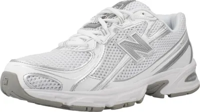 A single white and silver New Balance sneaker is shown from a side-diagonal angle against a white background.