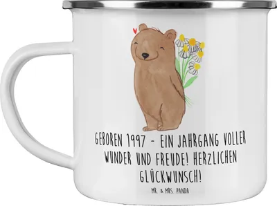 Produktbild von Mr. & Mrs. Panda Pott 1997 Geburtstag - Weiß - Geschenk, Geburtstagsgeschenk, becher emaille, Reisebecher, Geburtstagsgeschenke, Wunder und Freude, Happy Birthday, Tasse