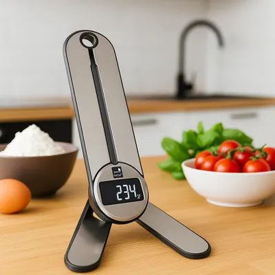 A digital kitchen scale is displayed on a wooden countertop, with ingredients like flour, an egg, and tomatoes in the background.