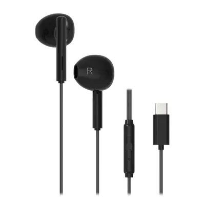 A pair of black USB Type-C in-ear headphones with a microphone and volume control.