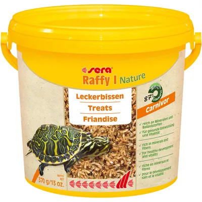 A yellow bucket of turtle food with a turtle on the label.