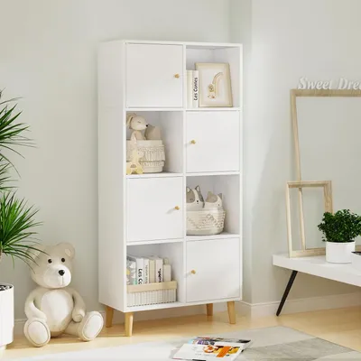 Produktbild von Bücherregal Bücherschrank Standregal Aufbewahrungregal mit 4 Türen und 8 Fächern Würfelregal Lagerregal für Wohnzimmer,Büro 64.5x30x140.5cm Weiß