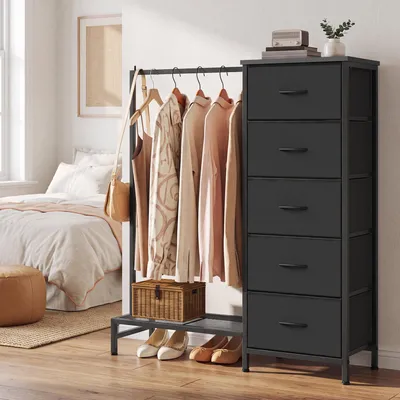 Produktbild von SONGMICS 3-in-1 Garderobenständer mit 5 Schubladen und Kleiderstange, 96,2 x 30 x 117,7 cm, Schwarz
