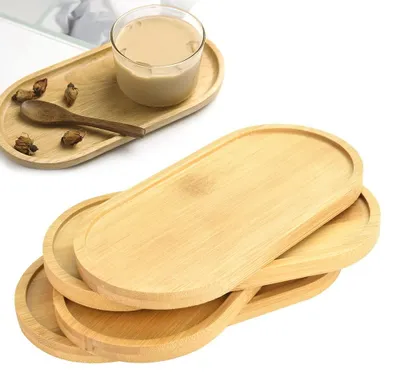 Image de Lot de 4 plateaux ovales en bambou avec bords antidérapants et structure renforcée, plateau de service, plateaux en bois, assiettes de service, dessous-de-plat, 17,5 x 8,8 x 1,1 cm, plateau de service en bambou pour le thé, le café et les pâtisseries