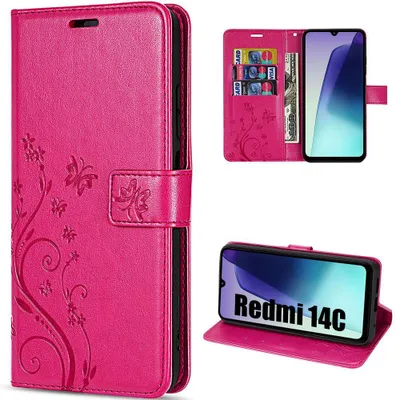 Image de Coque pour Xiaomi Redmi 14C, Anti-Rayures Protection 360 Degré Effet Cuir Fuchsia Motif Plante Papillon