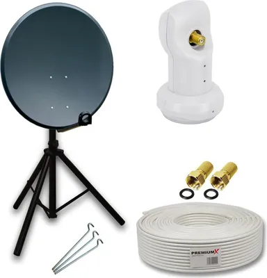 A satellite dish kit with its components laid out against a white background.