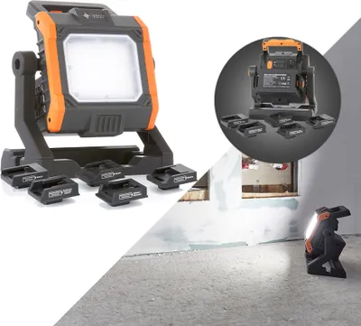 A collage of images showing a portable LED work light and its accessories, as well as the light in use in a construction setting.