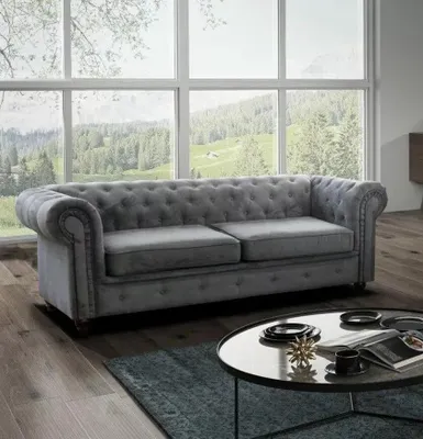 Produktbild von Easy4You Chesterfield Dunkelgrau Velvet 3-Sitzer Sofa 225x74x88 cm Sofas für Wohnzimmer Sofagarnituren mit Holzfüße Set Sofas & Couches