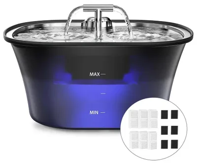 Produktbild von Katzenbrunnen, 2,5L Edelstahl Trinktablett, Ultra leise,Eingebautes LED und 6 Aktivkohlefilter, Leicht zu Reinigen, Doppelauslauf-Design