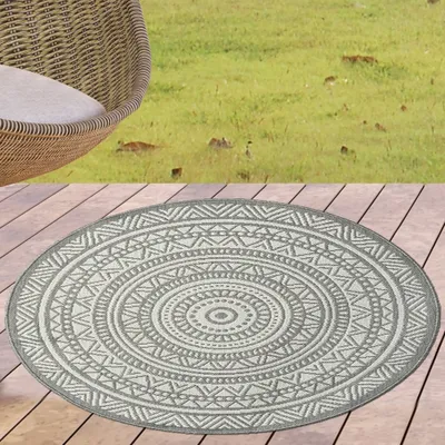 Image de Tapis rond d'intérieur et d'extérieur au design Mandala - gris et crème, polyvalent Taille - 120 cm Rond