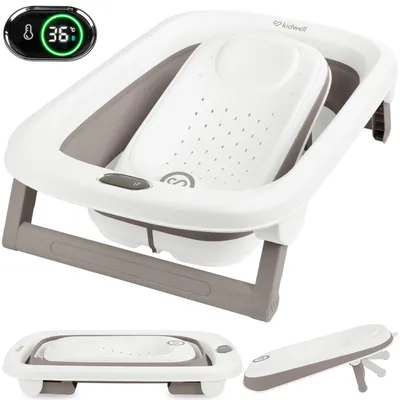 Produktbild von Kidwell NAMI Babywanne faltbar mit Thermometer & Badekissen – Kinderbadewanne klappbar mit Neugeborenen-Einsatz, USB-C (Grau)