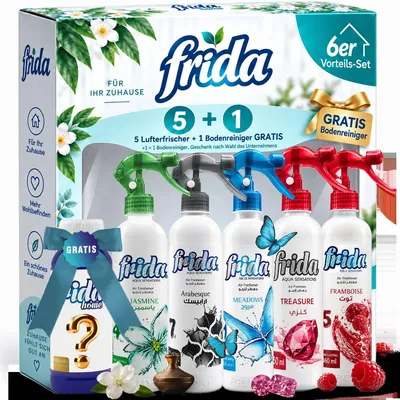 Frida Lufterfrischer Set mit Treasure, Arabesque, Jasmin, Meadows, Framboise und Allzweckreiniger