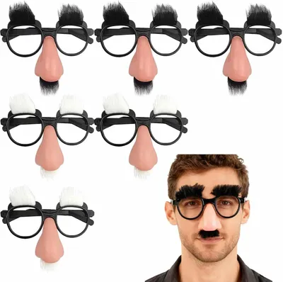 Productafbeelding van Feestbril grappige bril met wenkbrauwen zwart - Set van 6 - Wit nepneus verkleedaccessoire voor carnaval en themafeest
