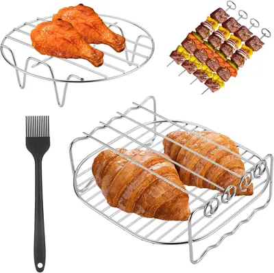 Produktbild von Air Fryer Zubehör Set 7-teilig, RVS Grillrost und Dampfgestell, mit 4 Grillspießen, für Airfryer
