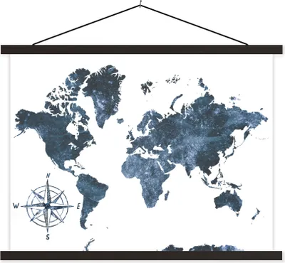 Produktbild von MuchoWow® Textilposter Weltkarte - Blau - Weiß 120x90 cm mit schwarzem Rahmen - Aufhänger für Poster