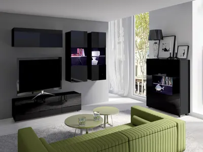 Produktbild von Wohnzimmer-Set CALABRINI-6 Wohnwand Hängewohnwand Schrankwand mit LED-Beleuchtung TV-Schrank Vitrine Kommode Moderne Anbauwand Hochglanz (Schwarz)