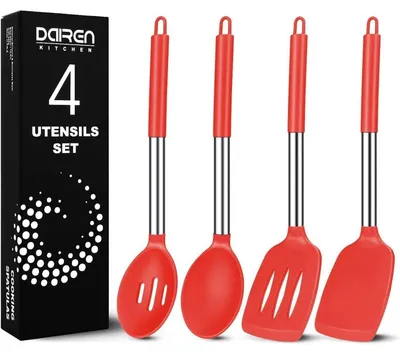 Produktbild von Silikon Küchenutensilien Set 4-teilig mit Edelstahlgriff, Rot, Hitzebeständig