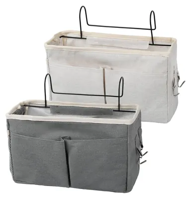 Image de Organisateur de lit suspendu Organiseur de chevet suspendu - Lin - 29 x 19 x 10,5 cm - Blanc et gris - Pour école et bureau