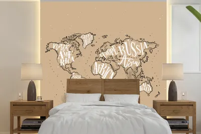 Produktbild von MuchoWow® Fototapete für Wohnzimmer oder Schlafzimmer Wandtapete Vinyl Motivtapete Weltkarte - Braun - Weiß - Buchstaben - 220x220 cm - Tapeten