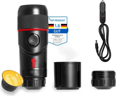 Produktbild von Heyner® Espressomaschine Reisekaffemaschine – 12 V, für Kaffeekapseln und Pulver, 60‑ml Wassertank, Start‑/Stopp‑Automatik, passend für Cupholder, inkl. 12‑V‑Kabel