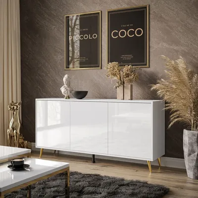 Produktbild von SANAYI IV Kommode auf Beinen, weiß Hochglanz, Beine: Gold