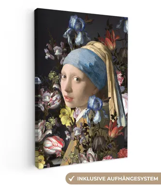 Produktbild von MuchoWow® - Leinwandbilder - Das Mädchen mit dem Perlenohrring - Johannes Vermeer - Blumen, Wandbild, Wanddeko Bilder Wohnzimmer, 80x120 cm