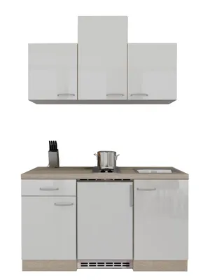 Produktbild von Singleküche mit E-Geräten - 150 cm breit - Hochglanz Weiß Sonoma Eiche – Valencia