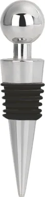 A silver and black wine stopper on a white background.