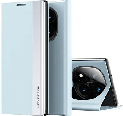 A light blue flip case for a smartphone is shown from the side and from the back.