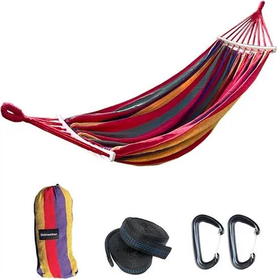 Produktbild von Famanu Hängematte mit Aufhängung und Karabinerhaken - 200 x 150 cm, für 2 Personen, 180 kg Tragkraft, ultraleicht, aus Baumwolle