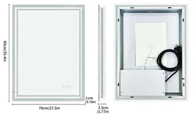 Zdjęcie produktu dla Lustro do łazienki LED - Prostokątne, montowane na ścianie, wymiary 70x90 cm - Z możliwością regulacji jasności - Antyfogowe - Podświetlane - Możliwość montażu w pionie lub poziomie - Klasa szczelności IP65