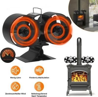 Produktbild von Jayseuw Kaminofen Ventilator - Zwei Drehungen Ofenventilator wärmebetrieben - Kamin Ventilator - Lüfter für Kaminöfen Holzöfen Öfen - 8 Flügel Rotorblätter – Wärmeverteiler ohne Strom – schwarz