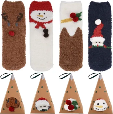 Produktbild von 4 Paare Kuschelsocken Weihnachtssocken Damen Warme Plüschsocken Süße Bettsocken Damen Christmas Männer und Frauen Lustige Warme Wintersocken Socken Geschenk