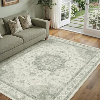 Zdjęcie produktu dla Dywan vintage 140x200 cm, zielony, prany, antypoślizgowy, krótkie włosie, do salonu