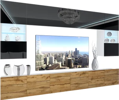 Produktbild von BELINI Wohnwand Vollausstattung Wohnzimmer-Set Moderne Schrankwand mit LED-Beleuchtung Weiß Glänzend Anbauwand TV-Schrank Schwarz / Wotan Eiche Glänzend/Matt