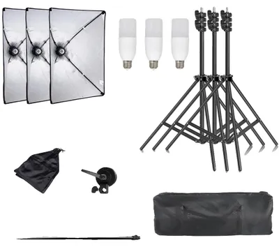 Zdjęcie produktu dla Zestaw oświetleniowy do fotografii, duży softbox, regulowany statyw oświetleniowy, 3 sztuki po 40 W