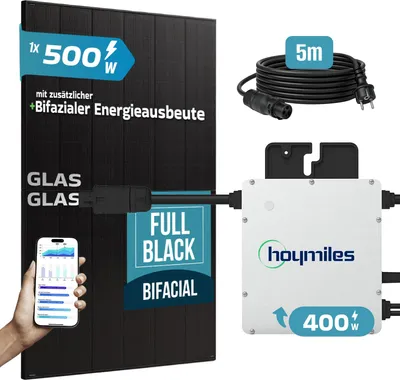 Produktbild von SUNNIVA® 500W Balkonkraftwerk BIFAZIAL FULLBLACK komplett Steckdose HOYMILES 400 Watt Wechselrichter, Komplettset 1x 500W PV Solaranlage Solarmodule