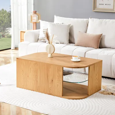 Immagine prodotto di Tavolini da divano MODFU con ripiano in vetro, tavolino da soggiorno con doppio spazio contenitivo, tavolino ausiliario in legno naturale, dimensioni 100x60x42 cm