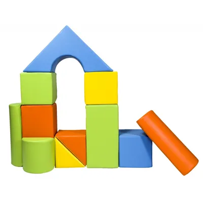 A collection of colorful foam building blocks arranged to resemble a house.