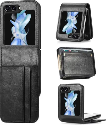 Collage of a black flip phone case with card slots, showing different angles and the case open and closed.