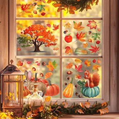 Productafbeelding van Vensterdecoraties, herfstthema, zelfklevend, 9 vellen: esdoorns, pompoenen, bosdieren, decoraties voor Thanksgiving