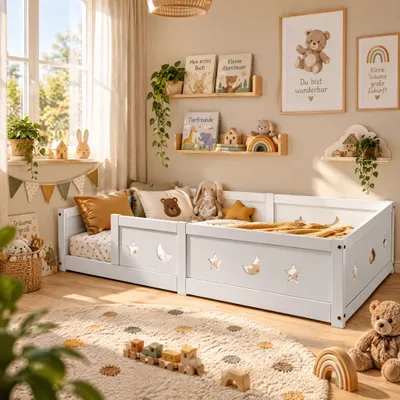 Obrázek produktu pro Postel BPKADHY, rozměry 120x200 cm, Montessori postel s roštem, dětská postel s motivem hvězd a měsíce, jednolůžko z masivního borového dřeva, bílá barva