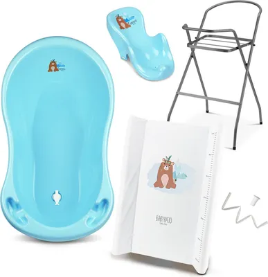 Produktbild von Babybadewanne mit Ständer 5 Set Rheinland  - Babybadewanne + Baby Badewannensitz + Wickelauflage + Gestell + Abfluss