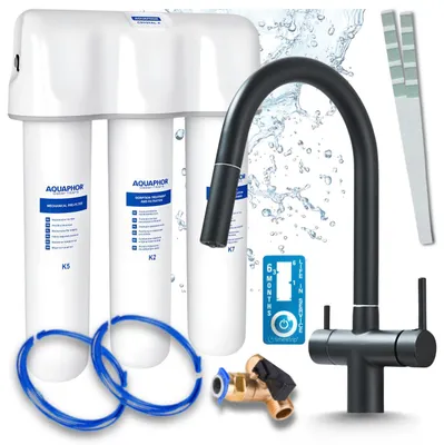 Produktbild von Ari 3-Wege-Küchenarmatur Slender, Schwarz Matt, Ausziehbare Spültischarmatur Im Set Mit Aquaphor Wasserfiltersystem, Untertischanlage