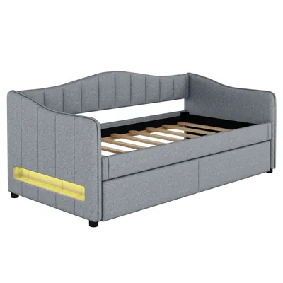 Obrázek produktu pro okwish Rozkládací pohovka denní postel 90x200cm s vysouvací postelí 90x200cm a dřevěným roštem, denní postel dětská postel studentská postel, design ambientního světla (bez matrace) - šedá