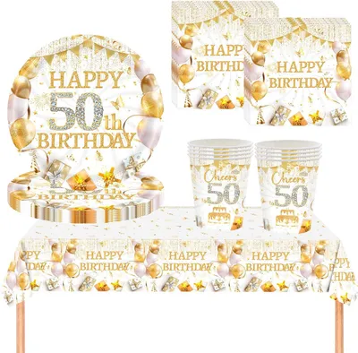 Image de Service de table, 50 pièces, blanc et or, pour une fête d'anniversaire