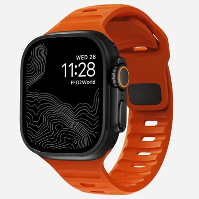 Produktbild von FFO2World Outdoor-Silikon-Sportarmband für Apple Watch 42/44/45/46/49 mm (Serie 1–11, SE, Ultra) – wasserdichtes, robustes Silikonarmband – Orange